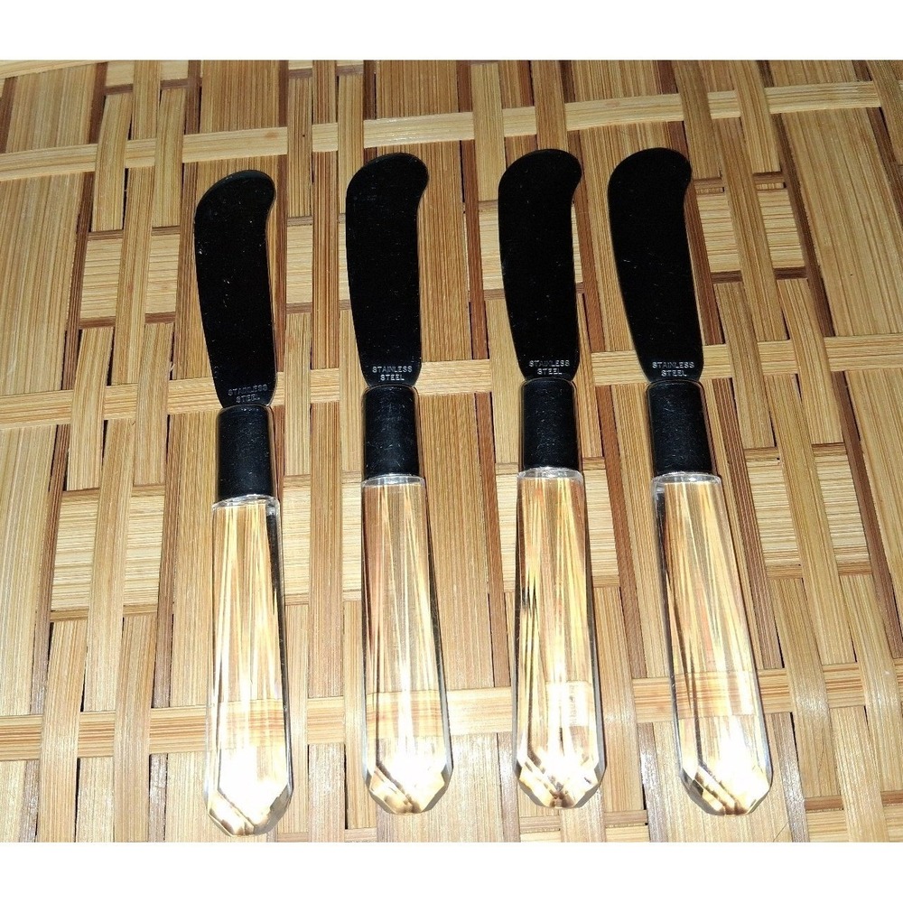 Vintage MCM Lucite Style Spreader Knives Set of 4 clear Acrylic Handles Stainles